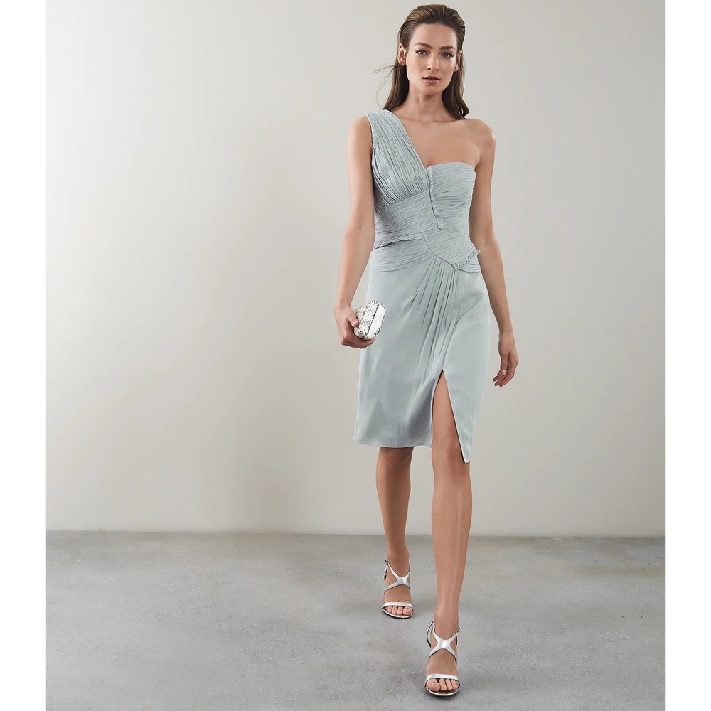 NWT Reiss Abby Pleat One Shoulder Dress New Sage Green US 10 UK 14 Cocktail